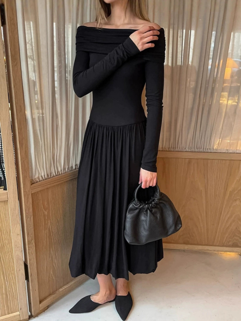 Forever 21 Off Shoulder Maxi Long Sleeve Ruched Waist Dress